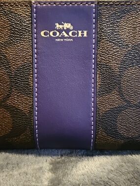 Coach Brown Signature Wristlet with Purple Leather Strip